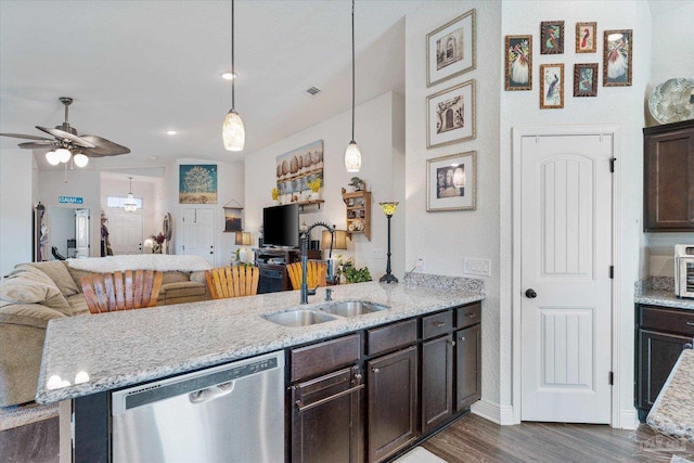 6135 Redberry Dr, Gulf Breeze, FL 32563 - kitchen featuring dishwasher, dark brown cabinets, open floor plan, a peninsula, and ceiling fan