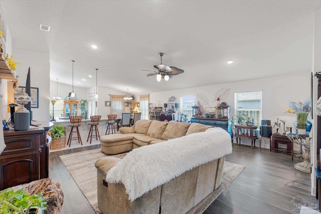 6135 Redberry Dr, Gulf Breeze, FL 32563 - living room with wood finished floors, ceiling fan, lofted ceiling, and recessed lighting