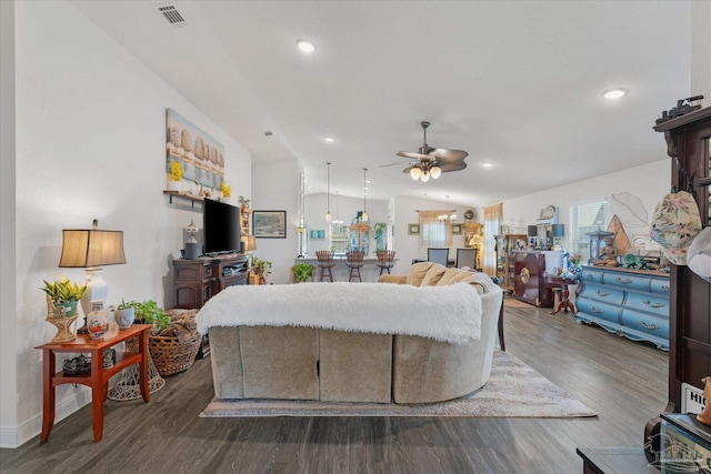6135 Redberry Dr, Gulf Breeze, FL 32563 - living room featuring ceiling fan, dark wood-style floors, and recessed lighting