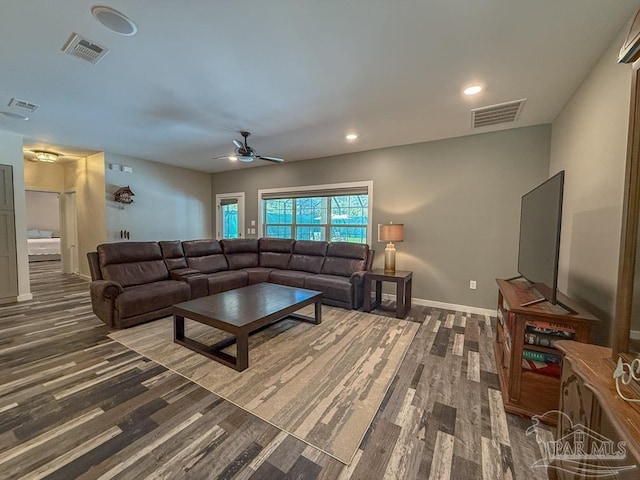 9873 Chumuckla Springs Rd, Jay, FL 32565 - living room with visible vents, a ceiling fan, baseboards, and wood finished floors