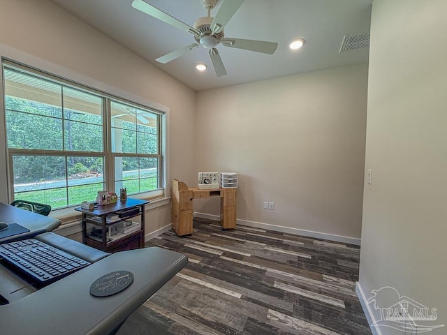 9873 Chumuckla Springs Rd, Jay, FL 32565 - office area featuring a ceiling fan, dark wood-style flooring, visible vents, baseboards, and recessed lighting