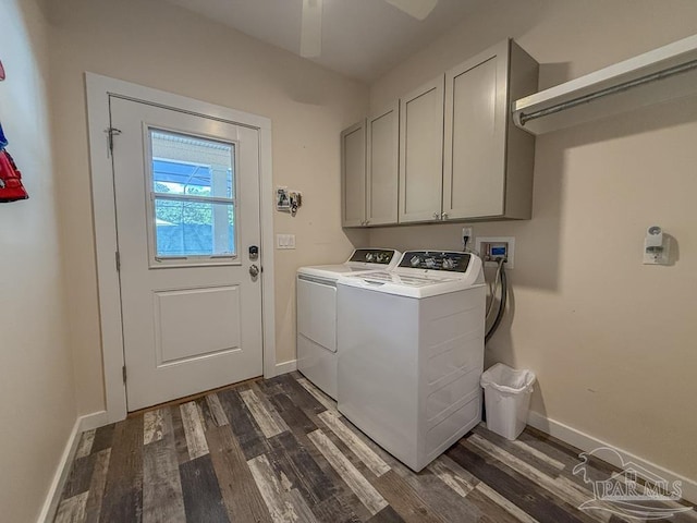 9873 Chumuckla Springs Rd, Jay, FL 32565 - laundry room with dark wood-style flooring, baseboards, a ceiling fan, cabinet space, and independent washer and dryer
