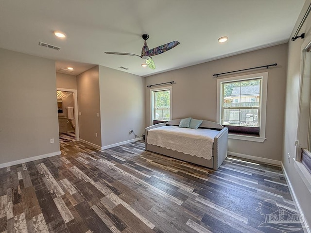 9873 Chumuckla Springs Rd, Jay, FL 32565 - bedroom with a ceiling fan, visible vents, wood finished floors, baseboards, and recessed lighting
