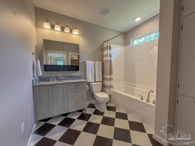 9873 Chumuckla Springs Rd, Jay, FL 32565 - bathroom featuring vanity, toilet, tile patterned floors, shower / bathtub combination with curtain, and baseboards