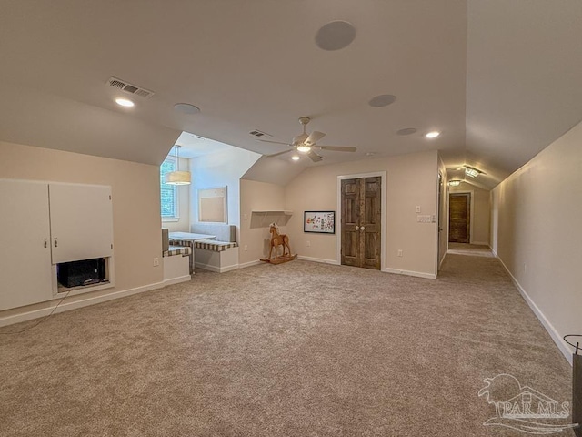 9873 Chumuckla Springs Rd, Jay, FL 32565 - bonus room with a ceiling fan, visible vents, vaulted ceiling, baseboards, and carpet flooring