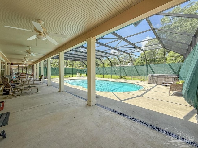 9873 Chumuckla Springs Rd, Jay, FL 32565 - view of swimming pool featuring a fenced in pool, a ceiling fan, a patio area, a hot tub, and a lanai