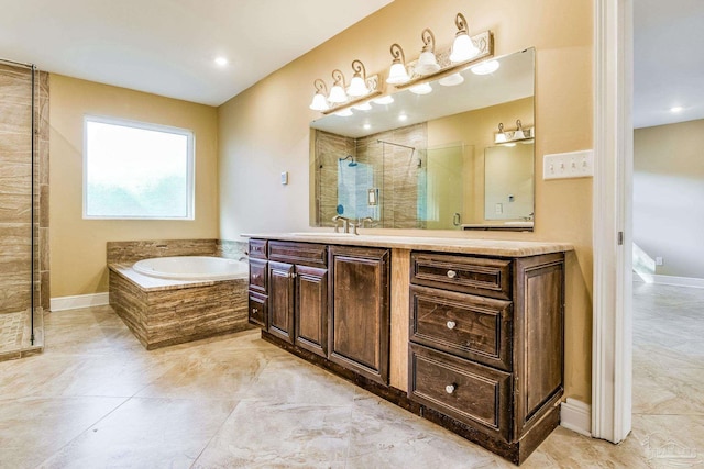 bathroom with plus walk in shower and vanity