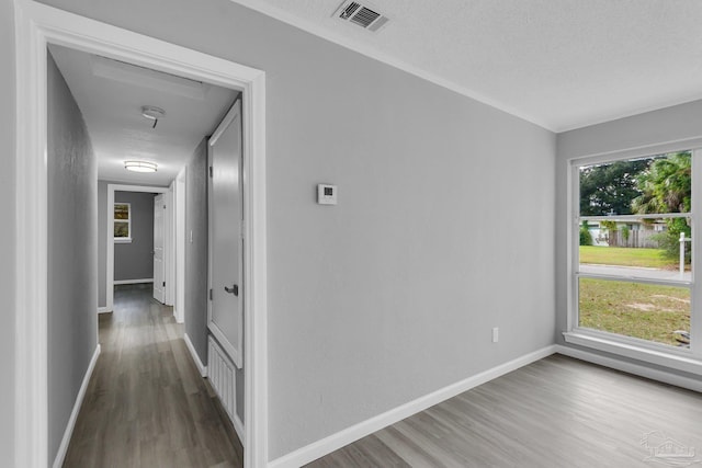 hallway featuring dark wood-type flooring and a textured ceiling