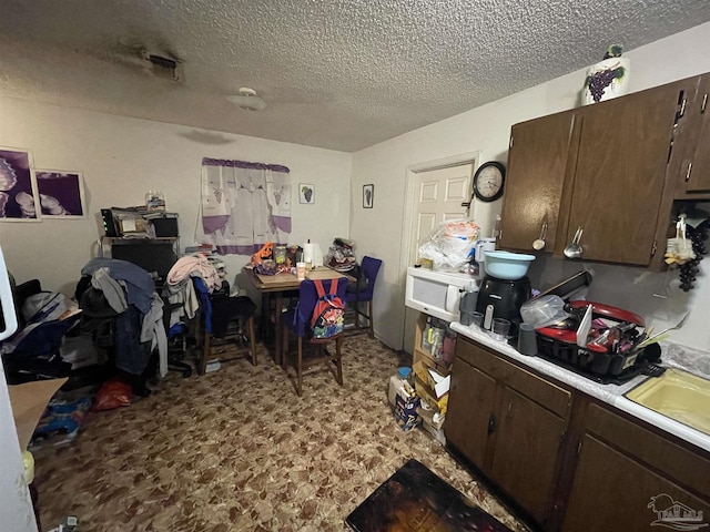 misc room with sink, light colored carpet, and a textured ceiling