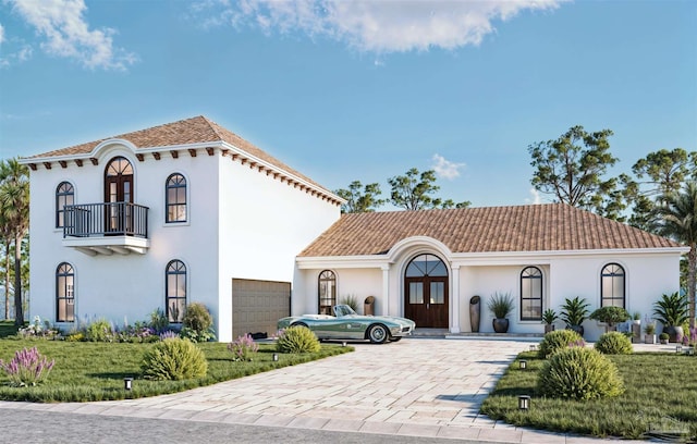 2067 Palmetto Lake Dr, Navarre, FL 32566 - mediterranean / spanish-style home with a balcony, french doors, decorative driveway, a garage, and stucco siding