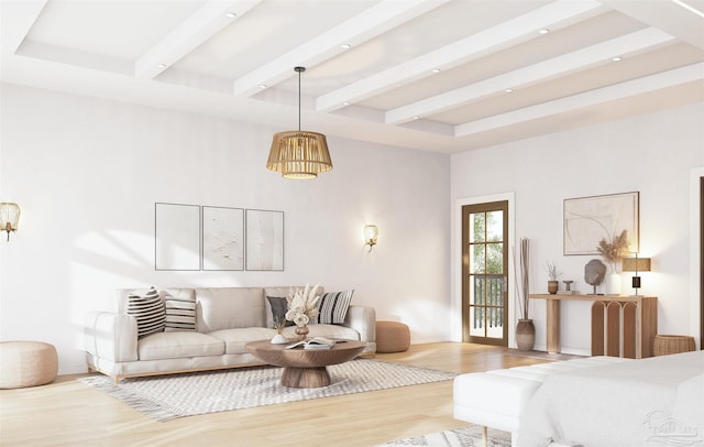 2067 Palmetto Lake Dr, Navarre, FL 32566 - living room featuring beamed ceiling, a notable chandelier, recessed lighting, and wood finished floors