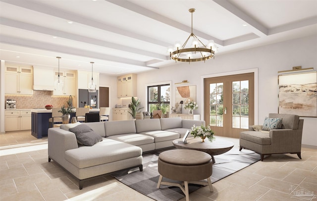 2067 Palmetto Lake Dr, Navarre, FL 32566 - living room with beamed ceiling, a chandelier, and recessed lighting