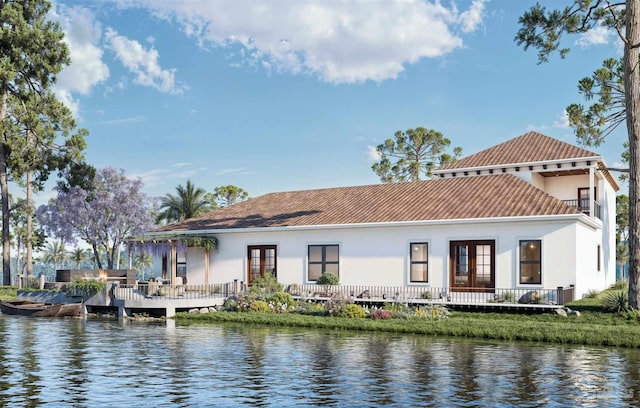 2067 Palmetto Lake Dr, Navarre, FL 32566 - rear view of property with stucco siding, a water view, and french doors
