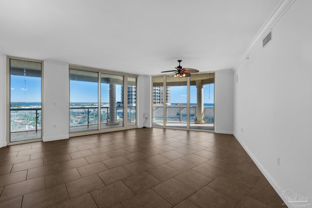 empty room featuring expansive windows, ceiling fan, a wealth of natural light, and ornamental molding