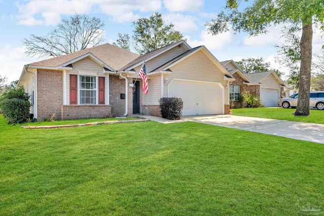 single story home with a garage and a front lawn