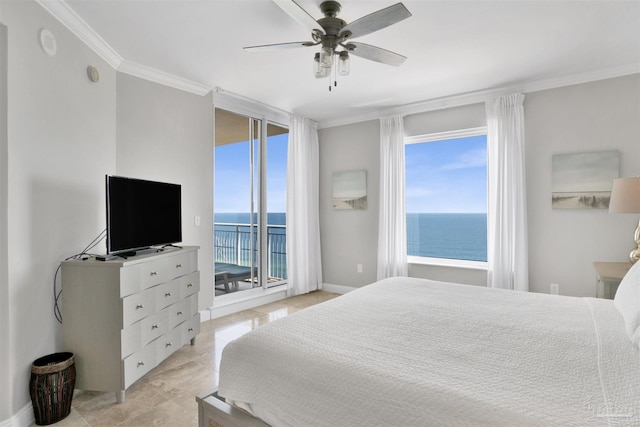 bedroom with multiple windows, access to exterior, crown molding, and ceiling fan