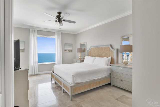 bedroom with crown molding and ceiling fan