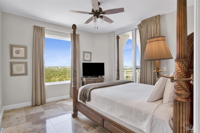 bedroom featuring access to outside and ceiling fan