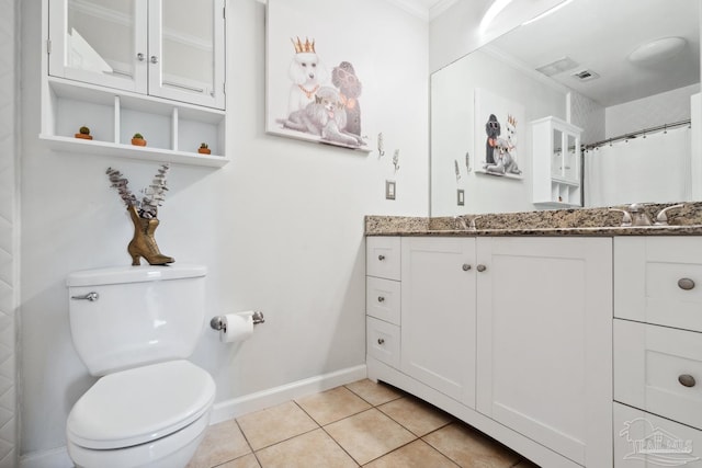 full bath featuring toilet, tile patterned flooring, baseboards, and vanity