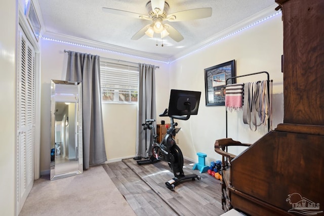 workout area with crown molding, light wood finished floors, ceiling fan, a textured ceiling, and baseboards