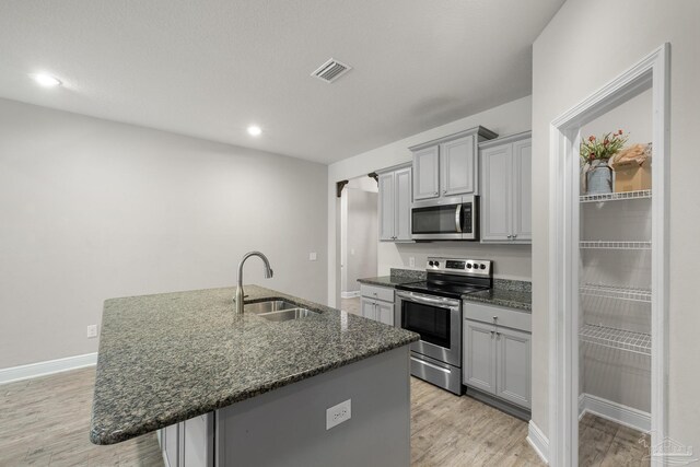 3526 Whitetail Ln, Pensacola, FL 32526 - kitchen with stainless steel appliances, a sink, gray cabinets, light wood-style floors, and recessed lighting