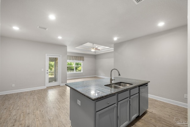3526 Whitetail Ln, Pensacola, FL 32526 - kitchen with a sink, stainless steel dishwasher, gray cabinets, light wood-style flooring, and recessed lighting