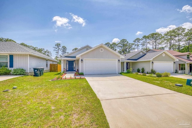 ranch-style home featuring concrete driveway, an attached garage, a front lawn, and fence