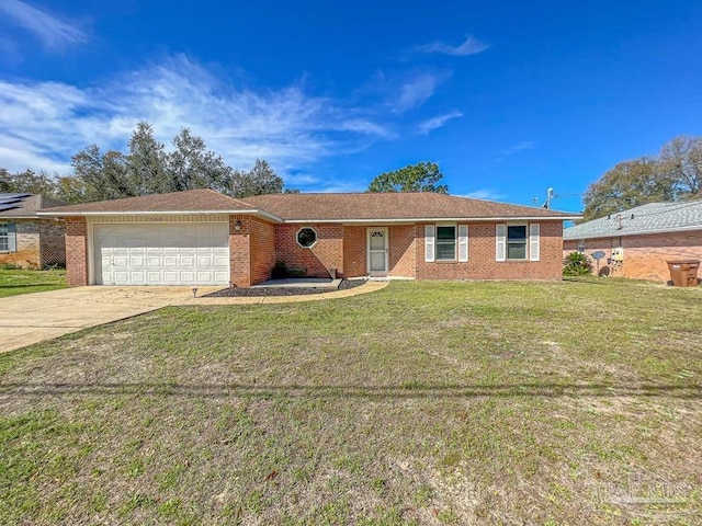 ranch-style house with a front yard and a garage