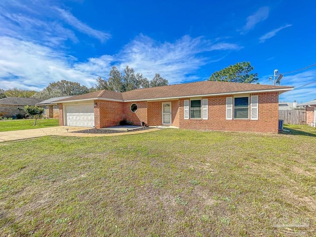 ranch-style house with a front yard and a garage