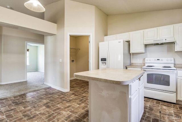 kitchen with white appliances, dark colored carpet, high vaulted ceiling, a center island, and white cabinetry