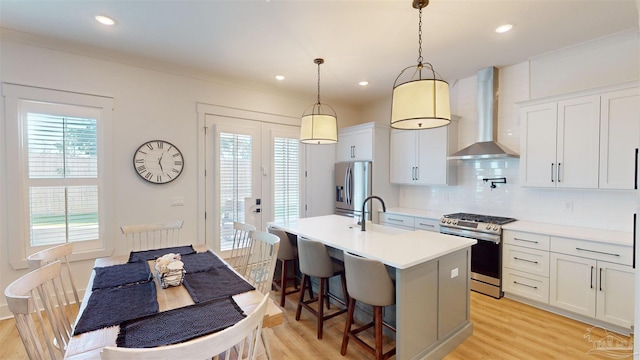 kitchen featuring sink, an island with sink, wall chimney range hood, and appliances with stainless steel finishes