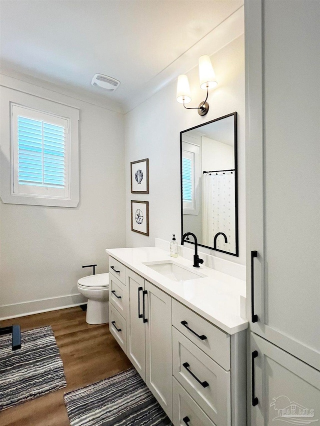 bathroom with a shower with curtain, vanity, wood-type flooring, and toilet