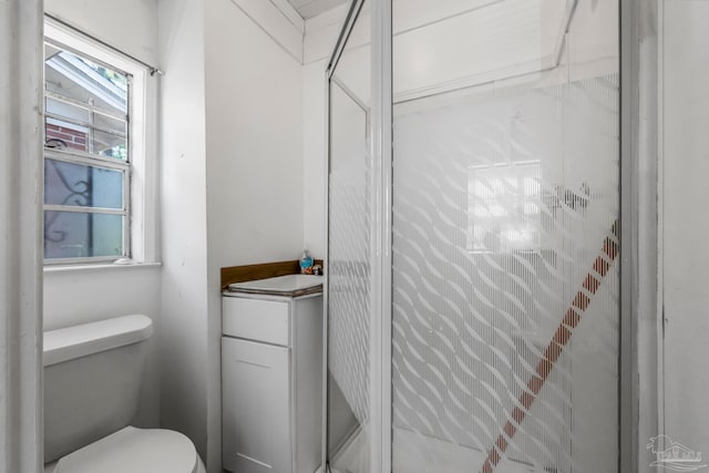 bathroom with toilet, vanity, and tiled shower