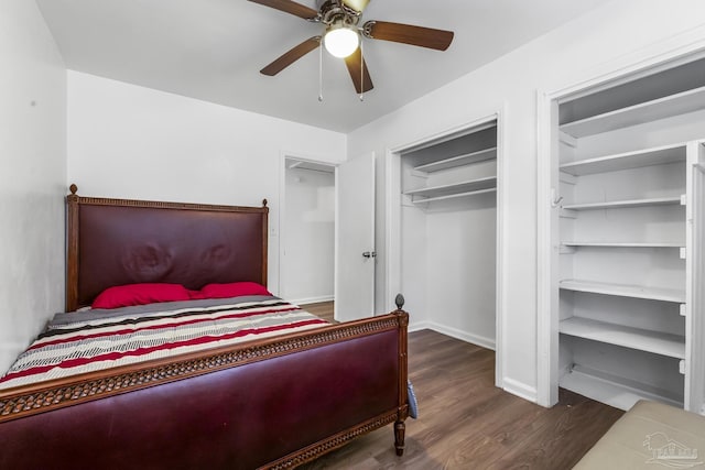 bedroom featuring ceiling fan, baseboards, and wood finished floors