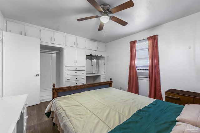 bedroom featuring ceiling fan and dark wood-style flooring