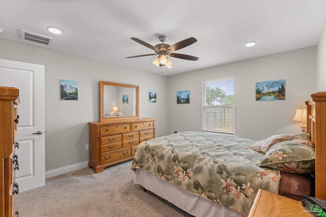 bedroom with visible vents, light carpet, baseboards, recessed lighting, and a ceiling fan
