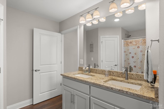 full bathroom featuring double vanity, a sink, wood finished floors, and a shower with curtain