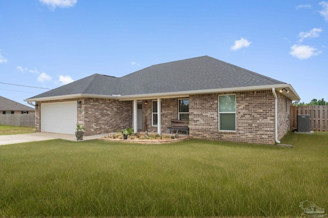 single story home with a front yard, a garage, central AC, fence, and concrete driveway