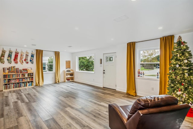 living room with a healthy amount of sunlight and light hardwood / wood-style floors