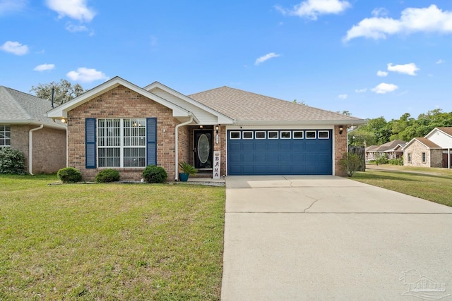 single story home featuring brick siding, a front yard, and a garage