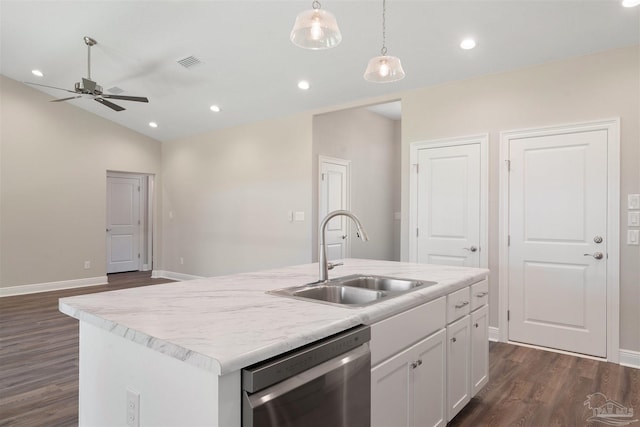 kitchen featuring dishwasher, white cabinets, sink, an island with sink, and decorative light fixtures