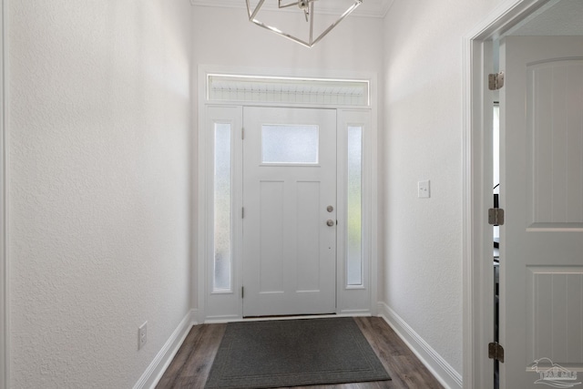 foyer with baseboards, dark wood finished floors, a textured wall, and a healthy amount of sunlight