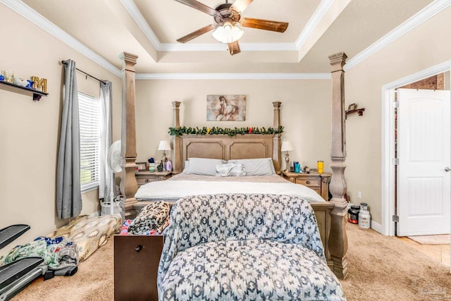 2704 Wildhurst Trl, Pace, FL 32571 - bedroom featuring a raised ceiling, decorative columns, crown molding, carpet floors, and a ceiling fan