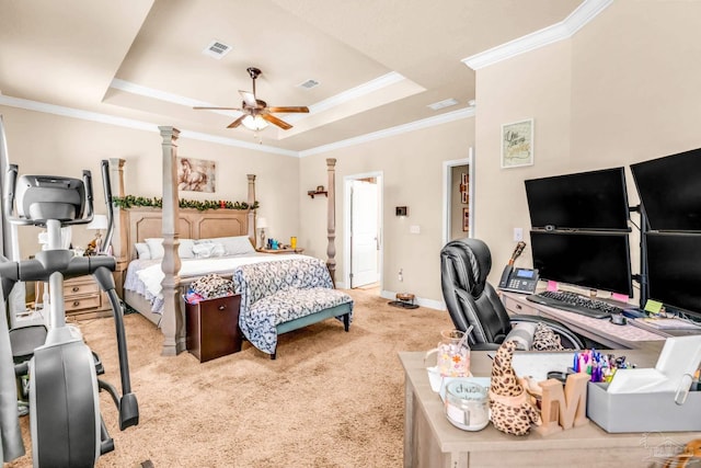 2704 Wildhurst Trl, Pace, FL 32571 - bedroom featuring carpet floors, a tray ceiling, ornamental molding, and a ceiling fan