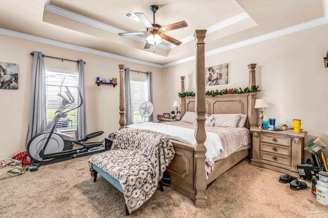 2704 Wildhurst Trl, Pace, FL 32571 - bedroom featuring a raised ceiling, light carpet, ornamental molding, and a ceiling fan