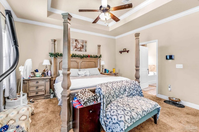 2704 Wildhurst Trl, Pace, FL 32571 - bedroom featuring a tray ceiling, ornamental molding, carpet, ornate columns, and ceiling fan