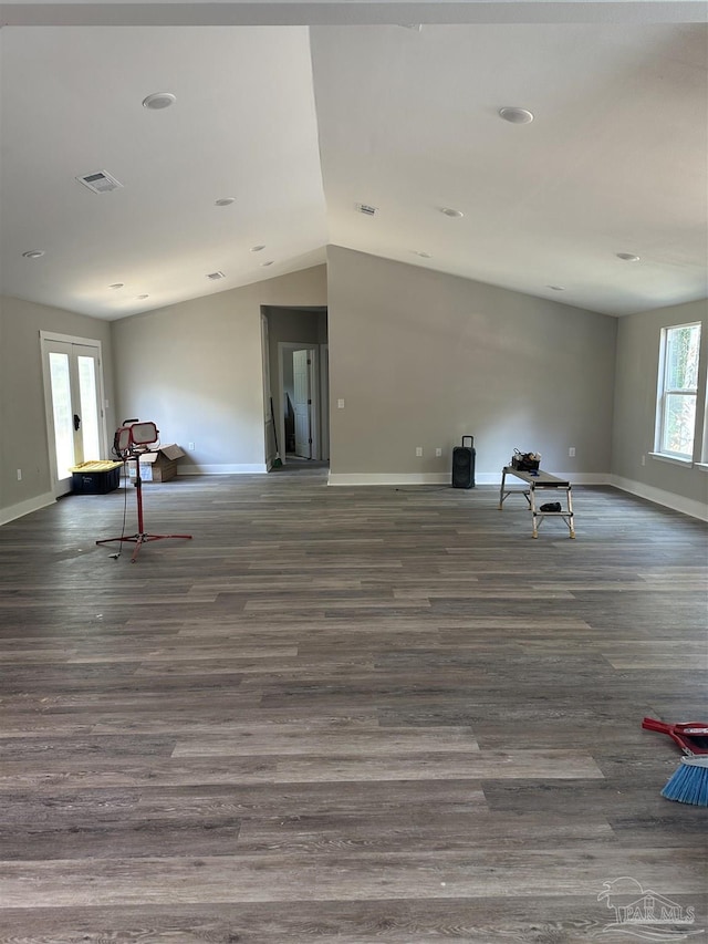 5661 Dupree Rd, Milton, FL 32570 - unfurnished living room with lofted ceiling, wood finished floors, and french doors