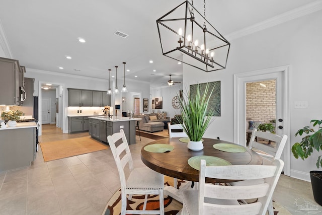 dining room featuring visible vents, ceiling fan, recessed lighting, and ornamental molding