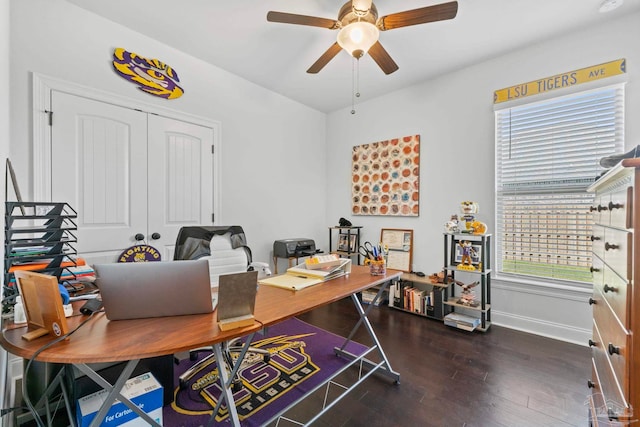office area with wood finished floors, ceiling fan, and baseboards