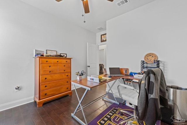 office area featuring a ceiling fan, visible vents, baseboards, and dark wood-type flooring